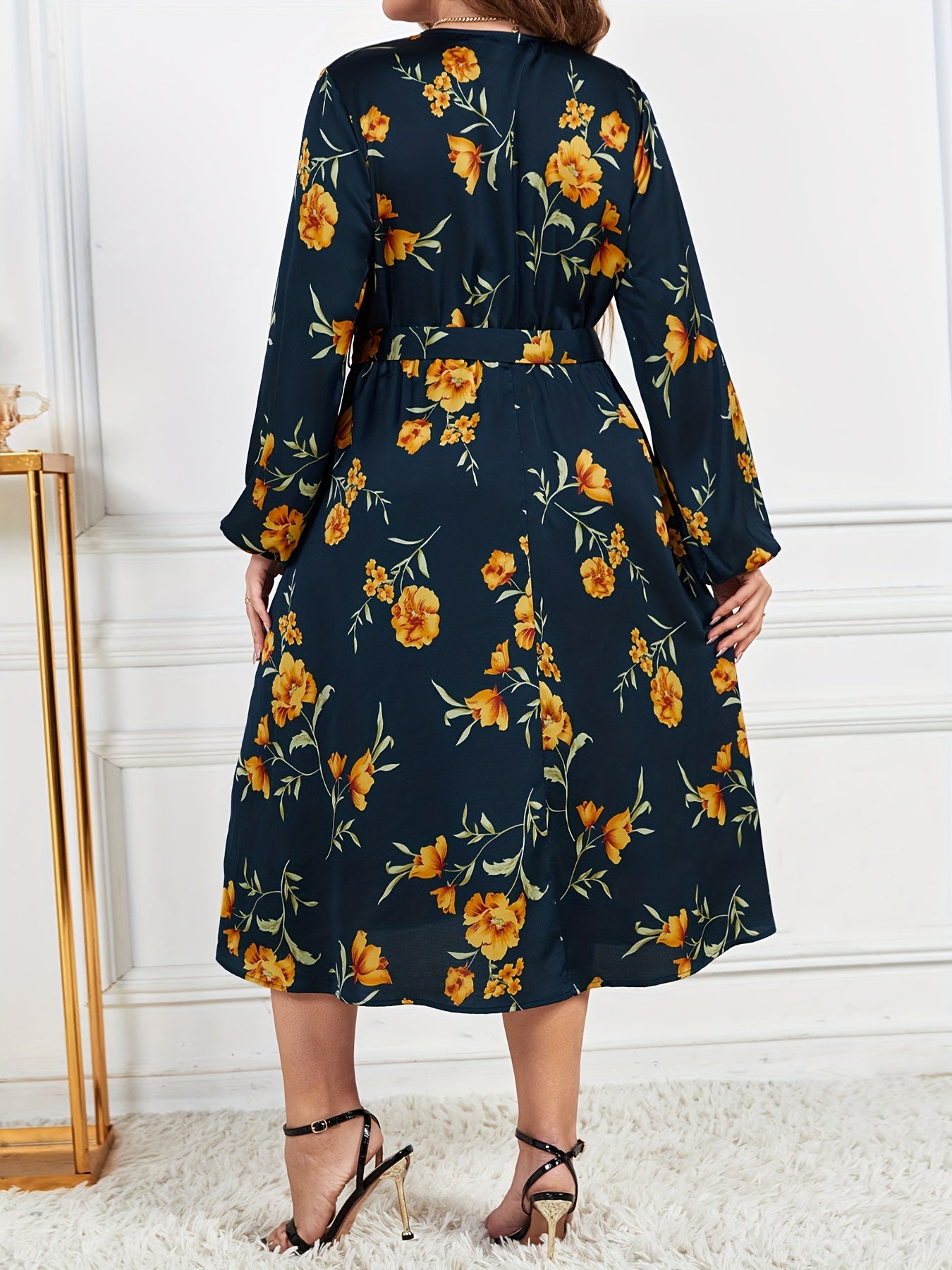 Floral Print Lantern Sleeve Dress with Belt