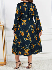 Floral Print Lantern Sleeve Dress with Belt