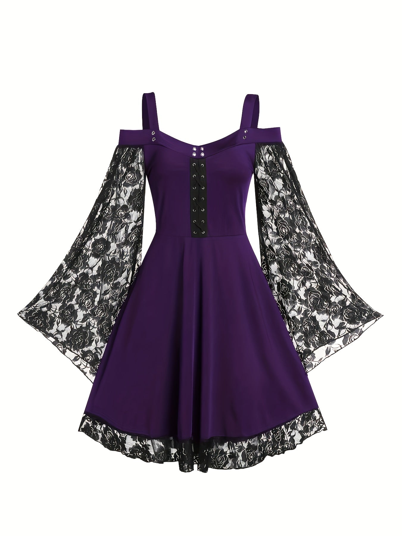  Gothic Dress Contrast Lace Grommet Lace Up Cold Shoulder