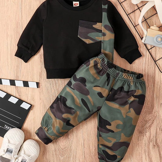 Baby Boy's Contrast Long Sleeve Top & Camo Pants Set