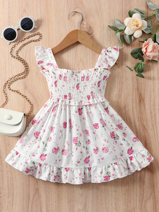 Girls Fly Sleeve Ruffled Dress, Ditsy Print