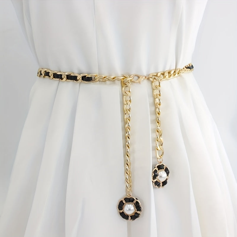 Double Camellia Pendant Tassel Chain Women Dress Chain Waist Chain
