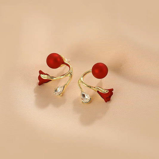 Festive Red Faux Pearl Tulip Flower Earrings For Women