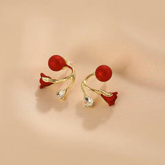 Festive Red Faux Pearl Tulip Flower Earrings For Women