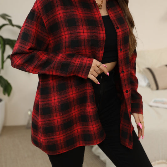  Plaid Print Long Sleeve Tunic Shirt