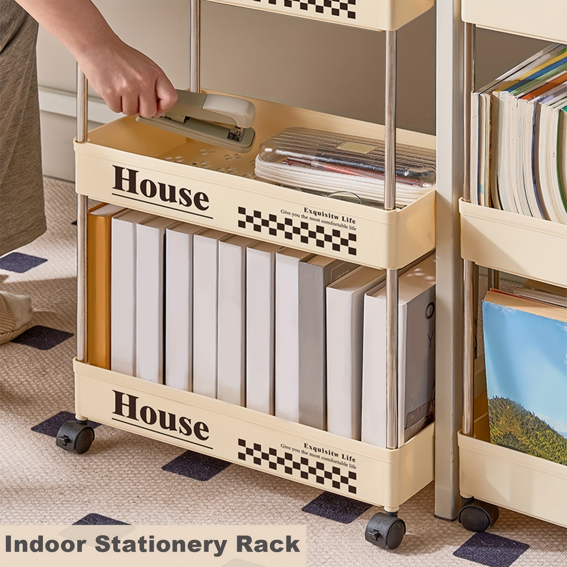4 Shelf Storage Rack Rolling Utility Cart Movable Storage Book Shelves