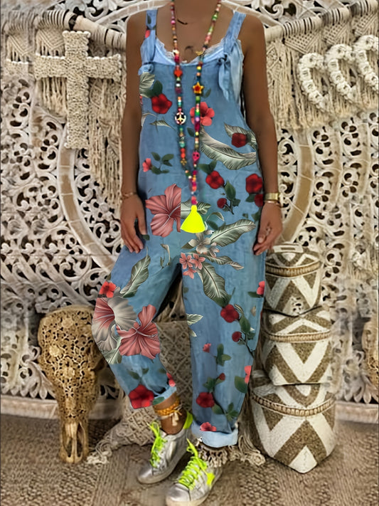 Plant Print Tie Front Jumpsuit Tank Jumpsuit For Spring & Summer
