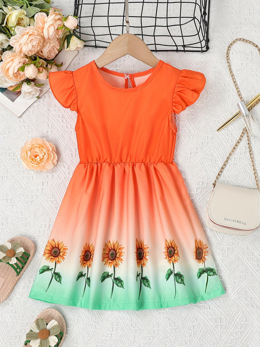 Girls Ombre & Sunflower Graphic Flying Sleeve Casual Dress