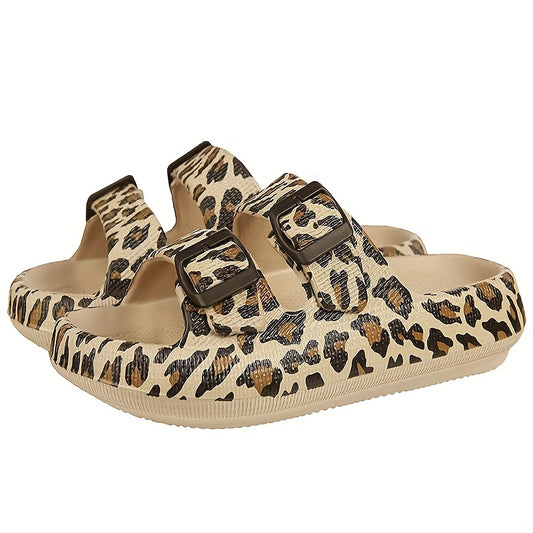 Leopard Print Slides Soft Sole Double Buckle Strap Bathroom Shoes