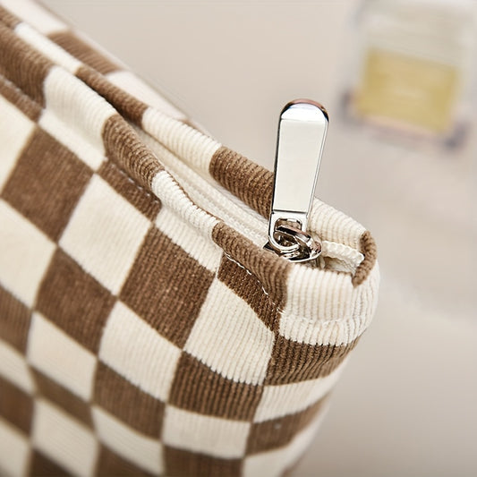 Corduroy Checkered Makeup Bag Zipper Pouch Large Capacity Cosmetic Organizer