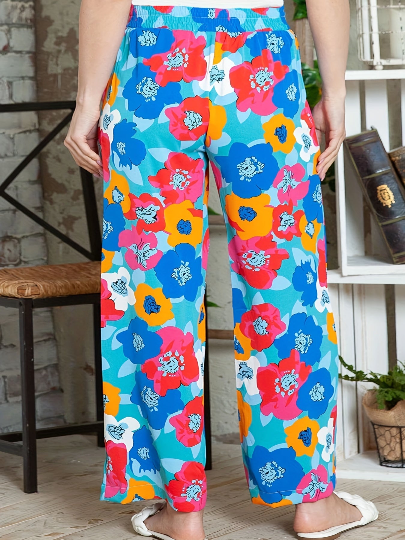 Women's Plus Floral Print Elastic Drawstring Beachwear Wide Leg Pants