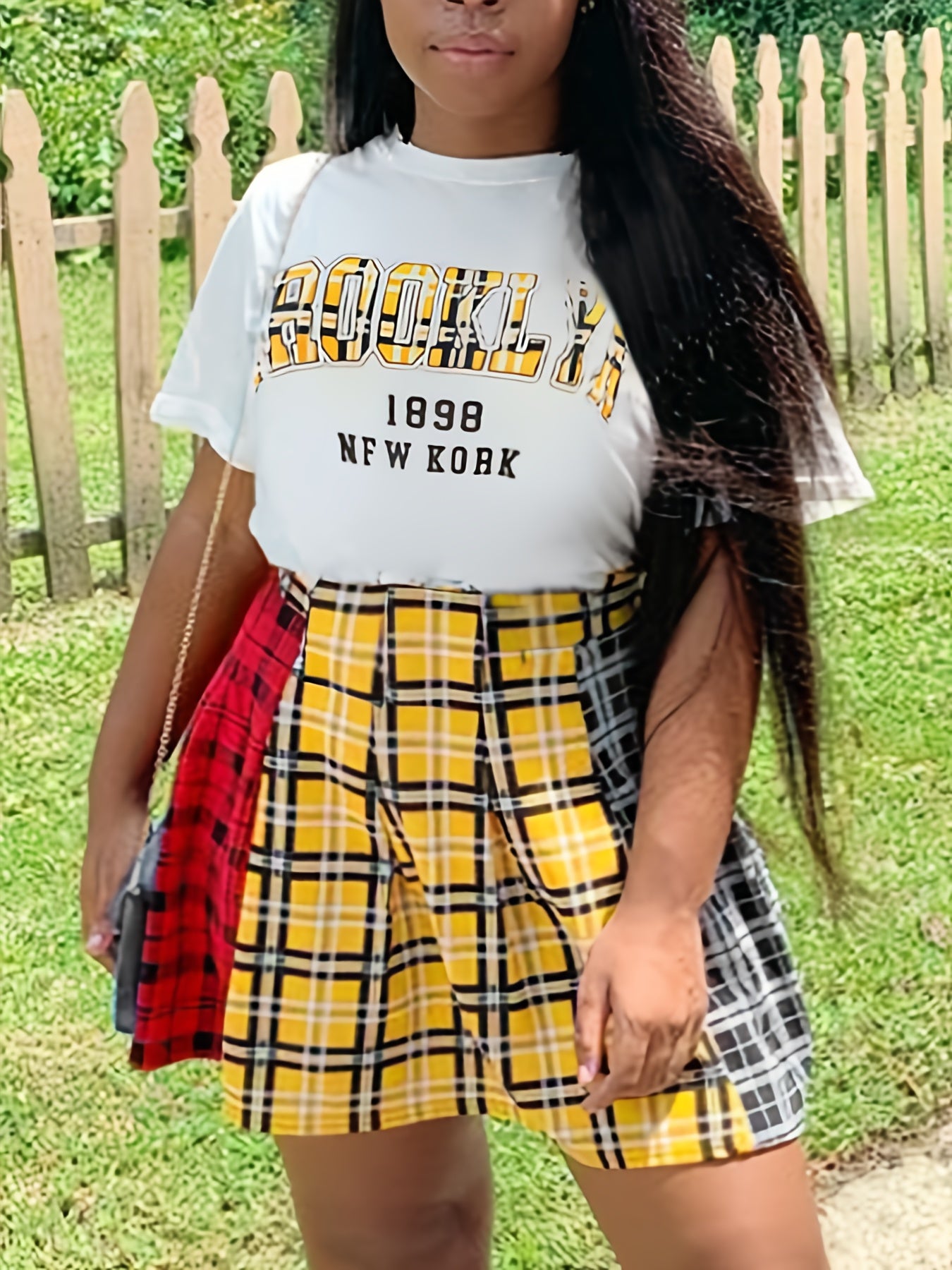  Plaid & Letter Print Tee & Mini Skirt Set