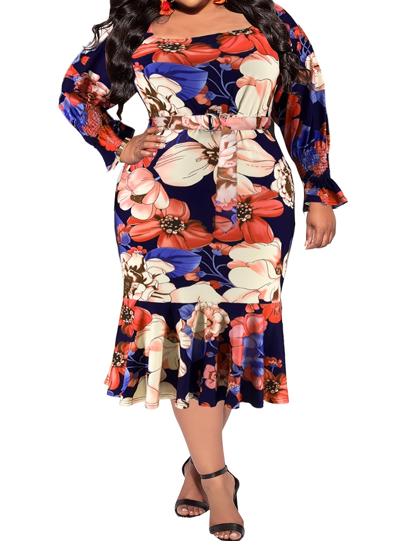 Floral Print Flounce Sleeve Square Neck Midi Dress