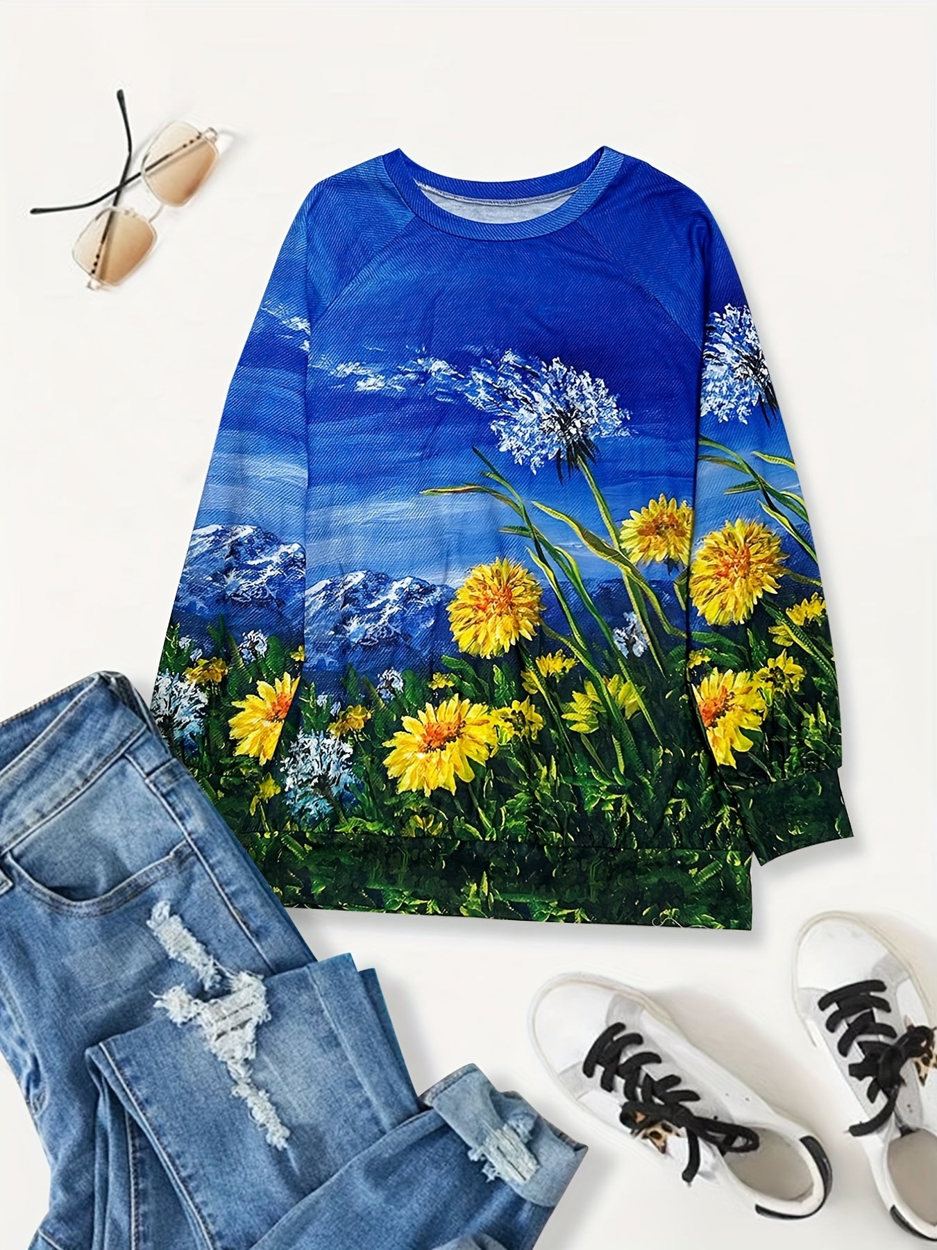 Landscape Print Pullover Sweatshirt for Women