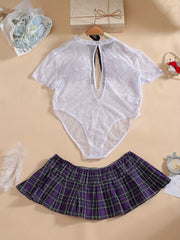  Plaid Print Eyelet Short Sleeve Sexy Bodysuit Costume