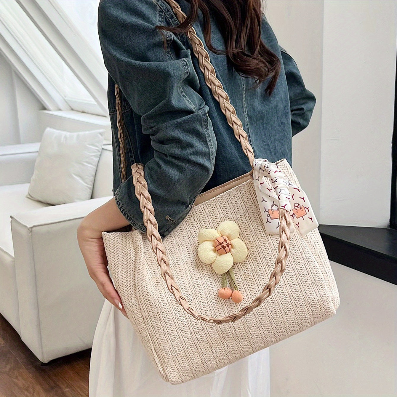 Large Capacity Straw Tote Bag with Woven Handle & Scarf Decor