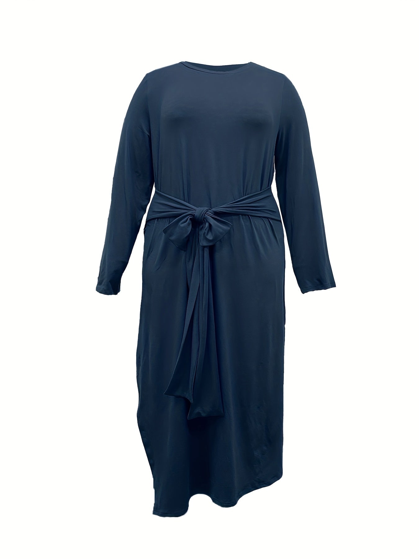  Casual Dress Women's Plus Solid Long Sleeve Round Neck Side Slit