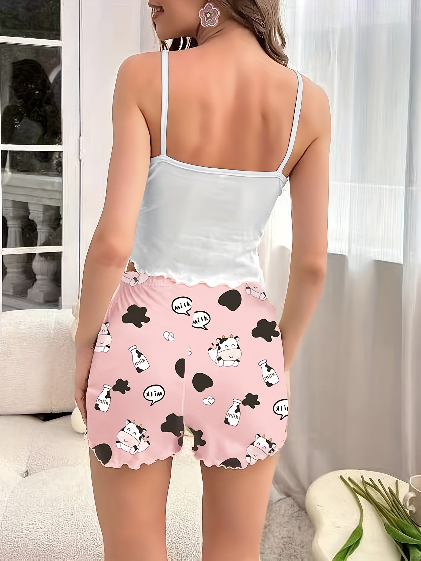Cow Print Pajama Set: Cami Top & Shorts