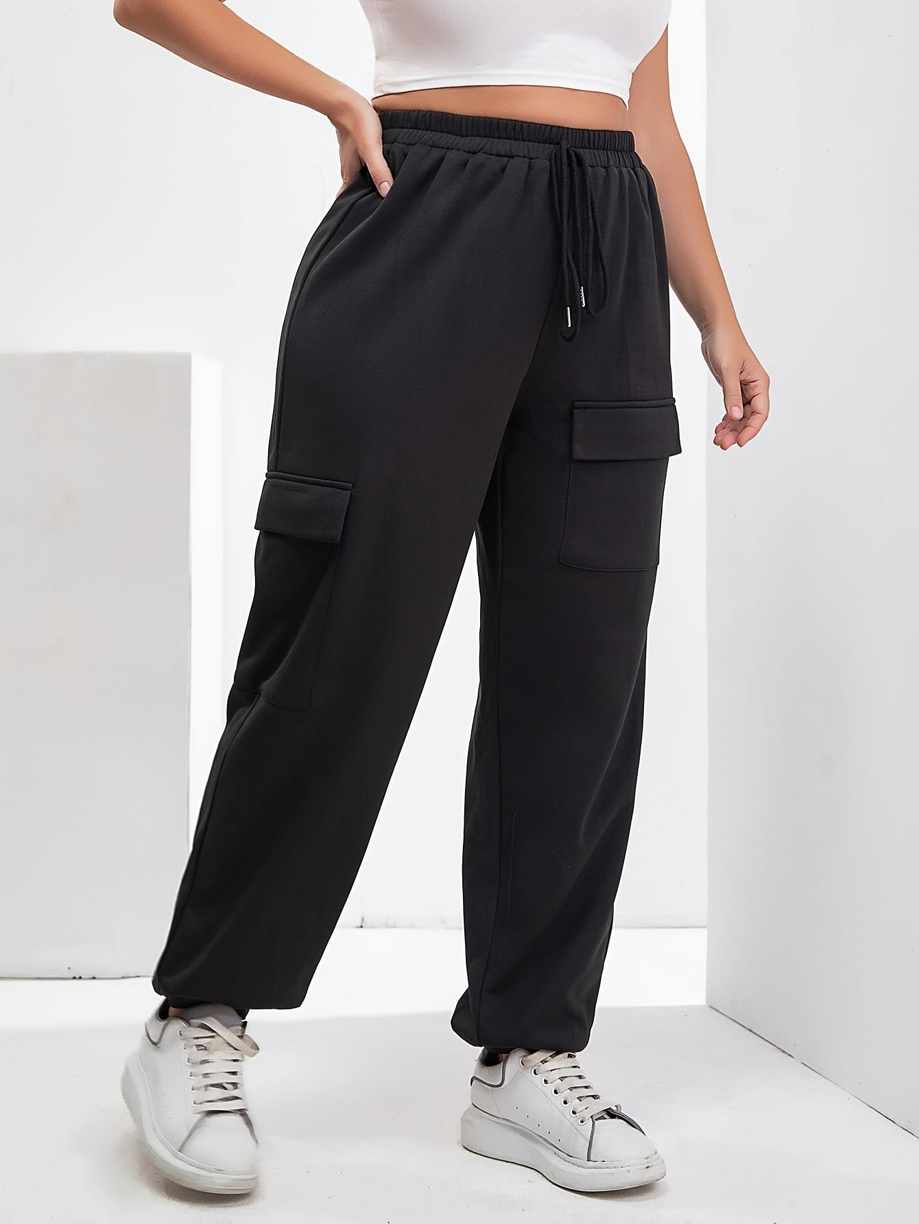  Solid Drawstring Elastic High Rise Cargo Joggers
