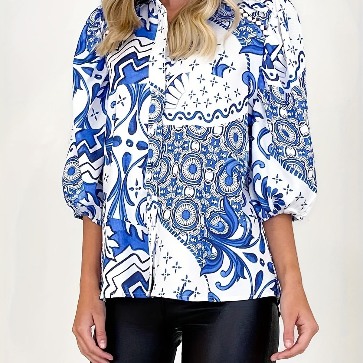 Plus Size Chinoiserie Print Long Sleeve Blouse