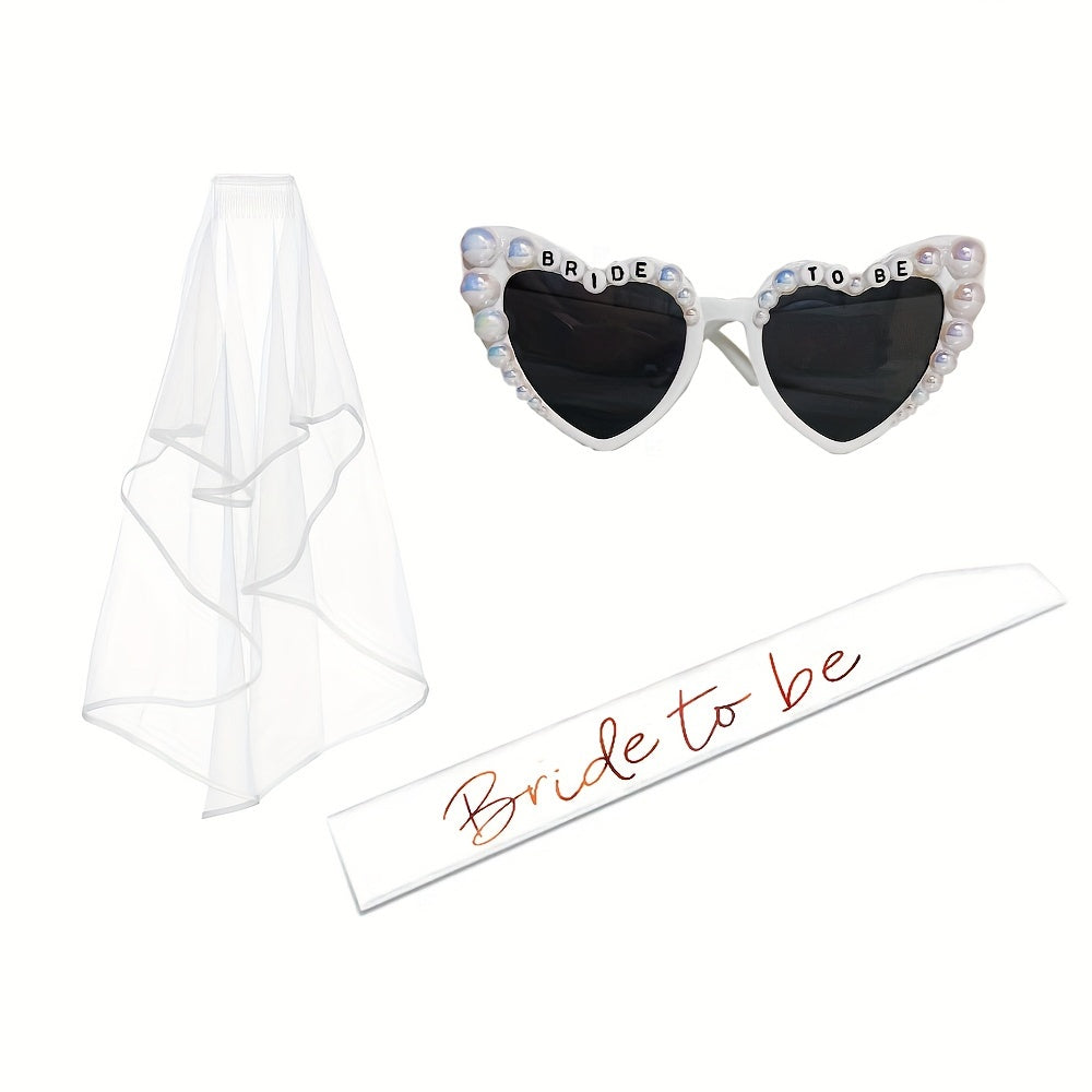 3pcs Bride to Be Glasses Sash and Veil Wedding Bridal Bachelorette Party