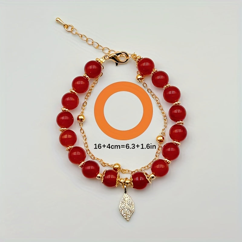 Red Bead & Golden Leaf Bracelet - Ideal Gift for Girlfriend & Mother