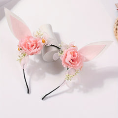 Elf Ears Headband With Flower Sweet Floral Rabbit Ears Head Hoop