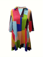  Colorblock Grid Print Half Sleeve V Neck Dress With Pockets