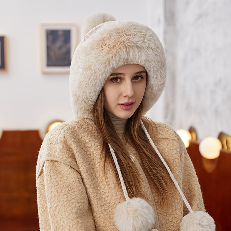 Fur Beanie Hat With Pom Pom Fuzzy Trapper Hat Ears Warm Knit Cap