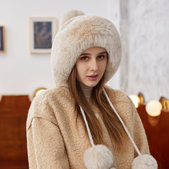 Fur Beanie Hat With Pom Pom Fuzzy Trapper Hat Ears Warm Knit Cap