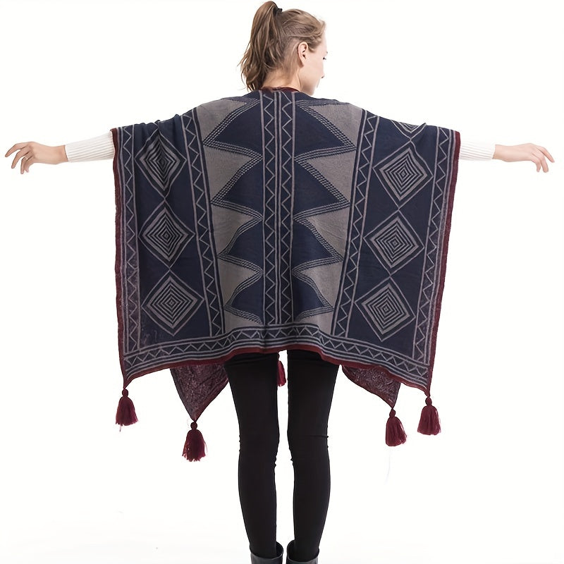 Geometric Pattern Shawl Large Warm Tassel Shawl Wrap