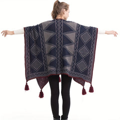 Geometric Pattern Shawl Large Warm Tassel Shawl Wrap