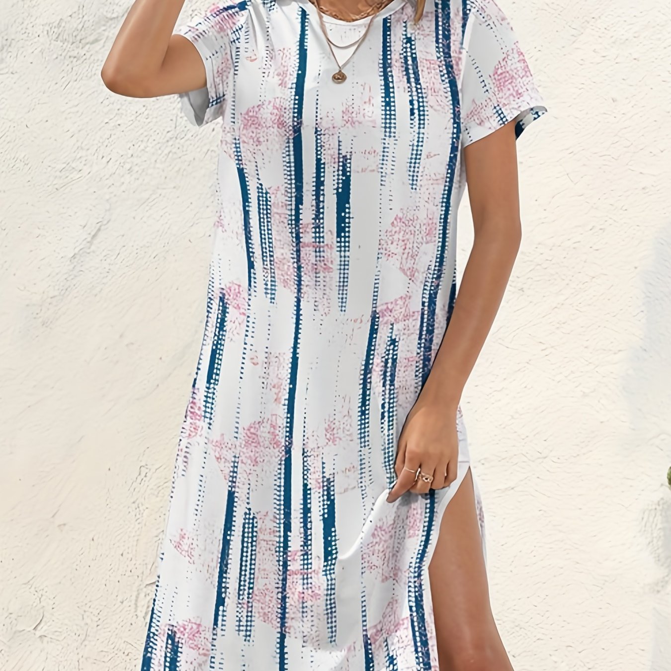  Tie Dye & Stripe Print Split Dress
