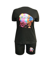  Lips Print Tee & Shorts Set Women's Activewear