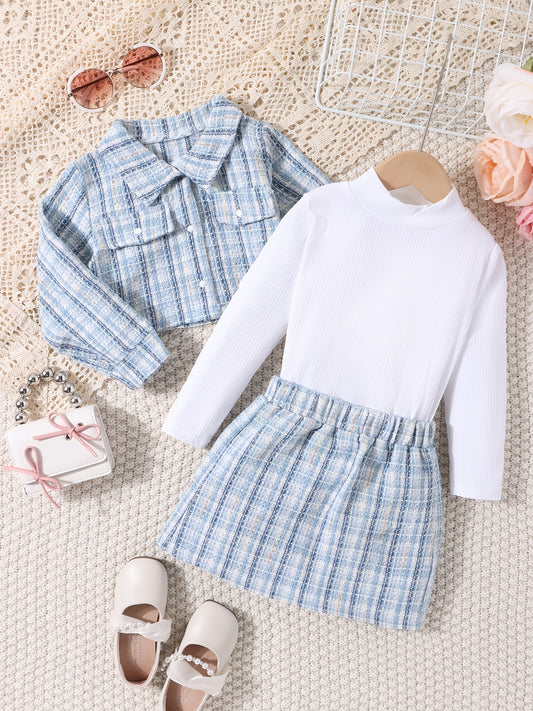 Girls 3pcs Turtleneck Top Coat Skirt Set Plaid Texture Casual Kids Clothes