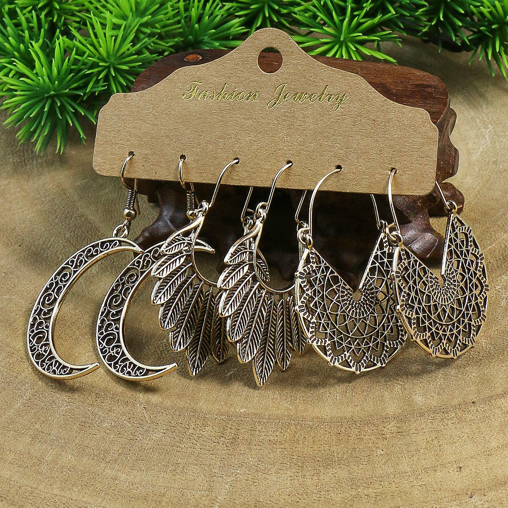 Retro Style Antique Silver 3 Pairs Earrings Set