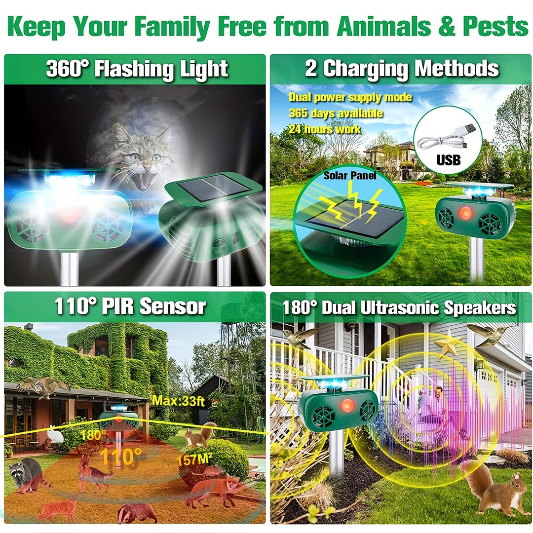 Solar Powered Ultrasonic Animal Repeller with Motion Sensor & Lights