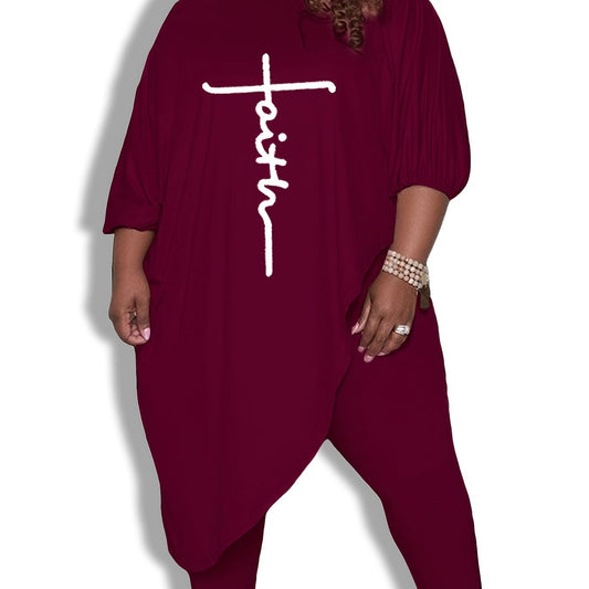 Women's Plus Letter Print Top & Pants 2pcs Outfits Set