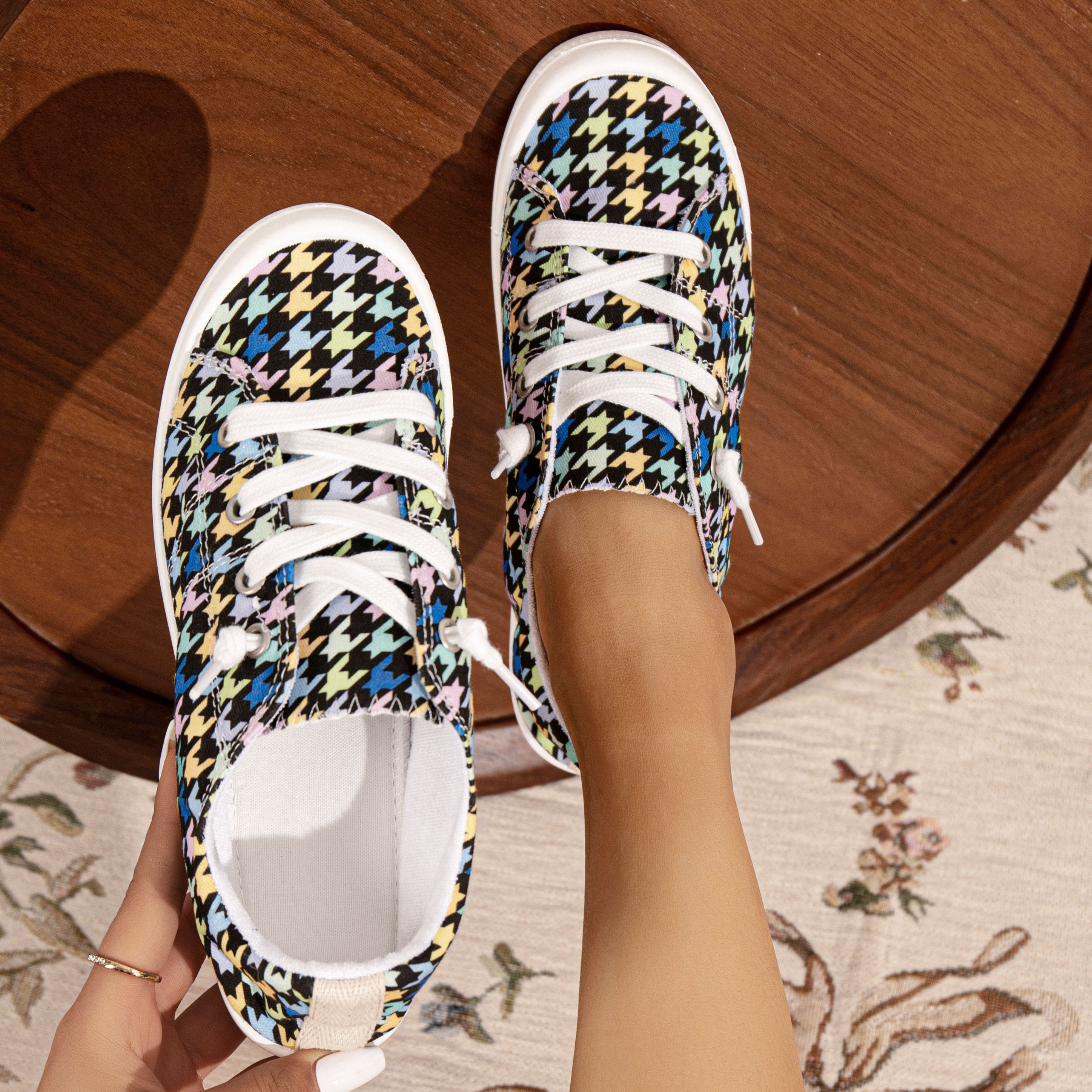 Women's Colored Houndstooth Canvas Shoes Lace Up Flat Sneakers