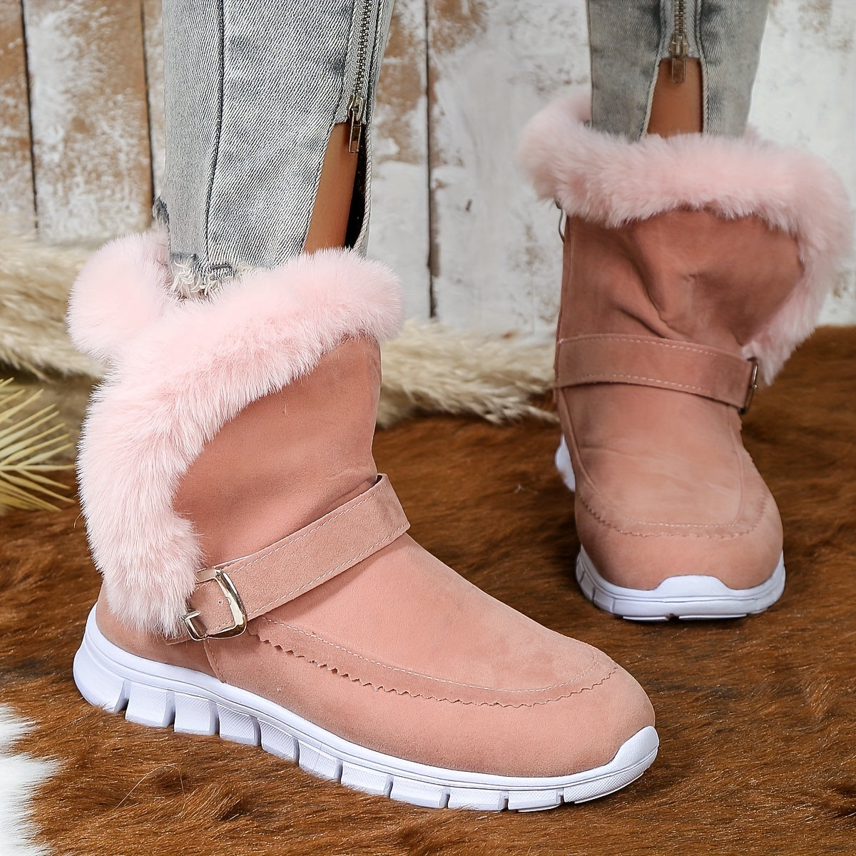 Plush Lined Thermal Furry Snow Boots Non Slip Side Zipper Snow Shoes