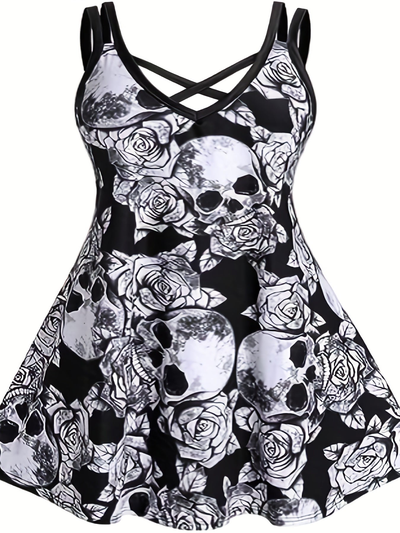 Skull Print Spaghetti Strap Dress Gothic Sleeveless V Neck Dress