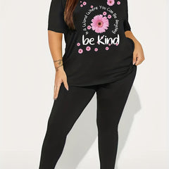  2 Piece Set Women's Floral & Slogan Print Tee & Leggings Outfits