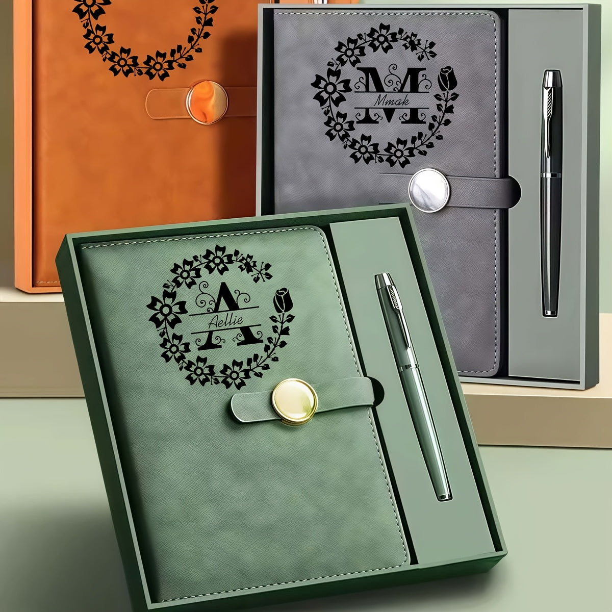 Red Green Faux Leather A5 Notebook Set Floral Pattern