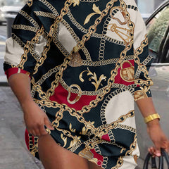  Baroque Print Long Sleeve Mini Dress