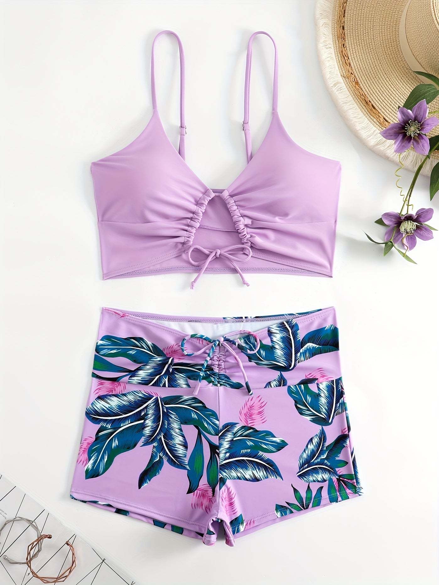 Tropical Print Tankini Set V Neck Drawstring Boxer Short Bottom Swimsuit