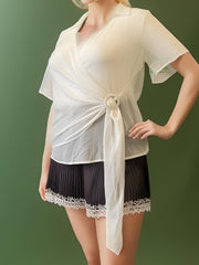  Sheer Mesh Wrap Top with Lapel Collar