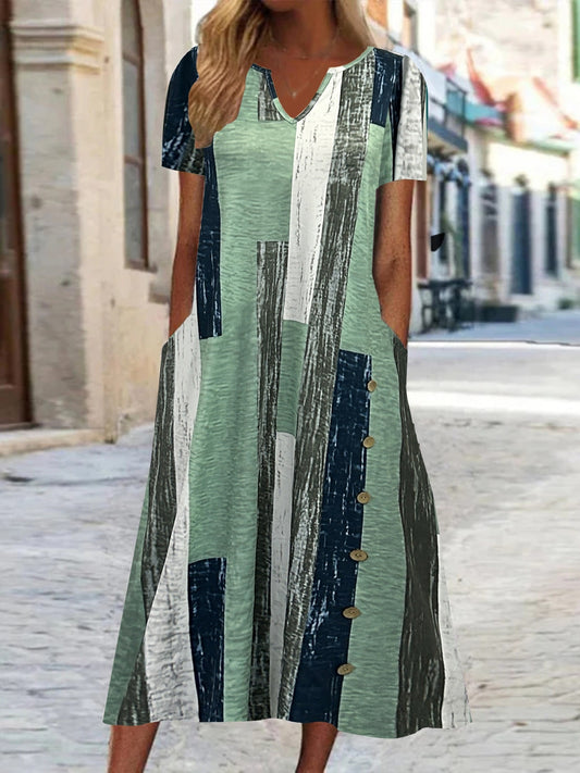  Colorblock Button Decor Short Sleeve Stretch Dress