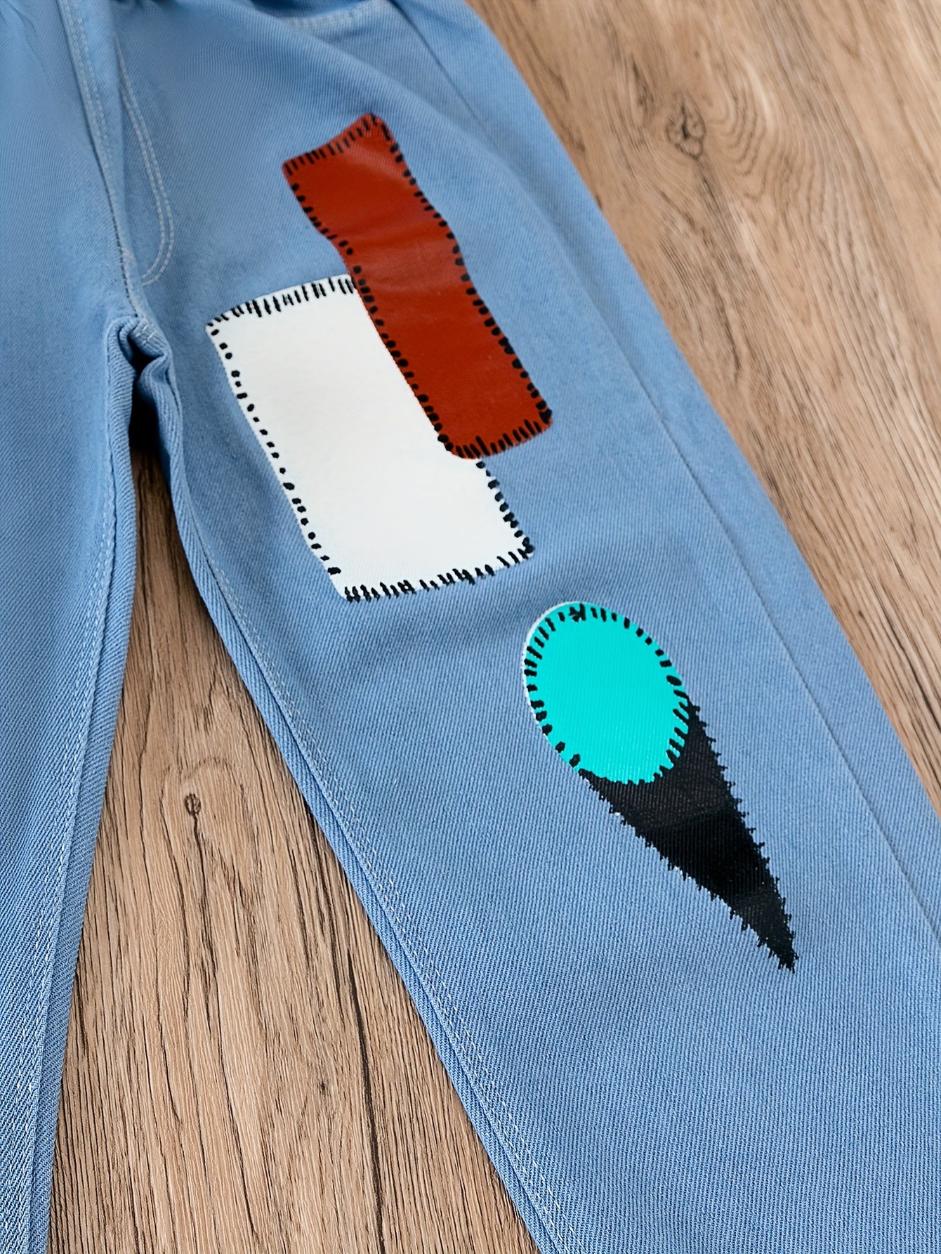 Girls Geometric Cartoon Jeans Elastic Waist Trousers 5-12 Years