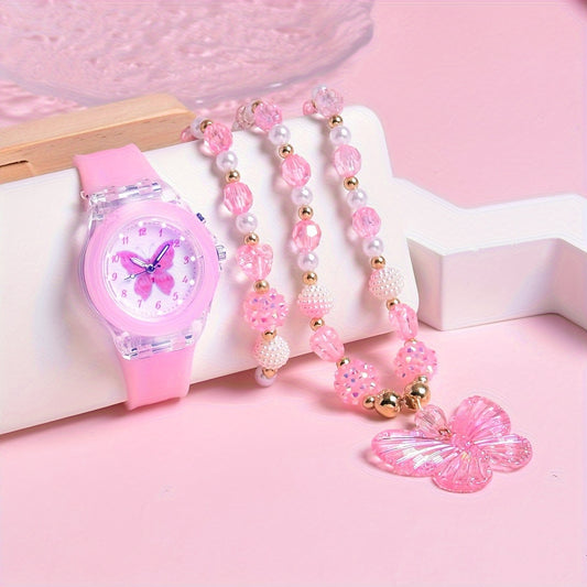 Silicone Strap Quartz Watch for Girls with Butterfly Design