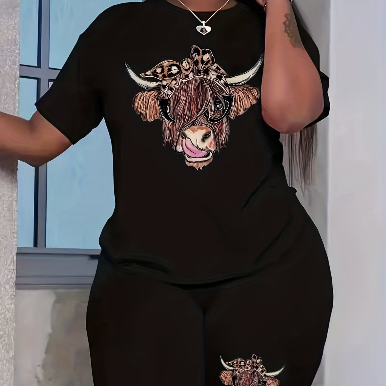 Women's Plus Leopard Cow Print Crew Neck Top & Shorts Set